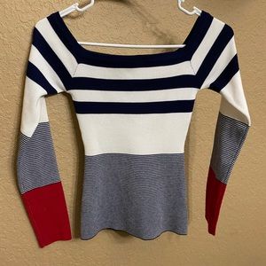 Red White Blue Ribbed Knit Off Shoulder Top Small